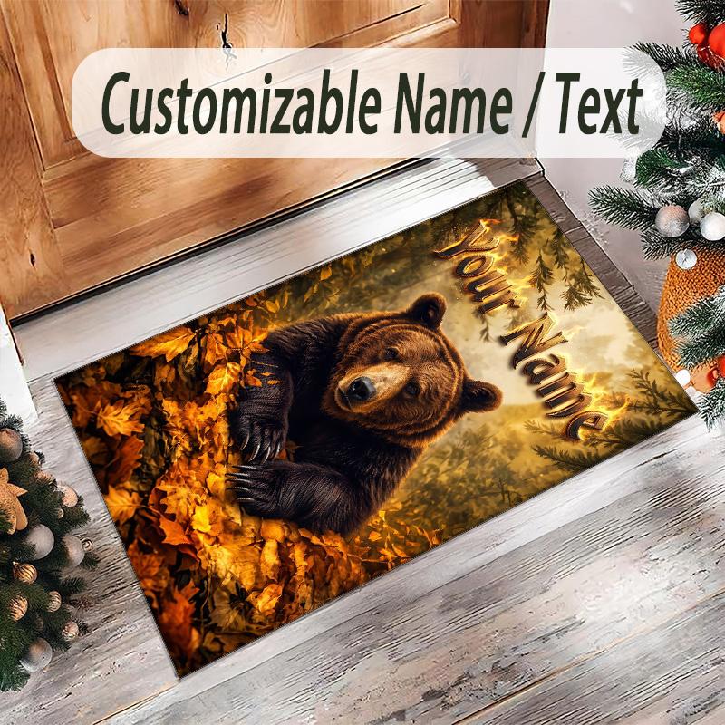 Teddy Bear Theme Crystal Velvet Rug Personalized Custom Name Text Soft Floor Mat Home Decor