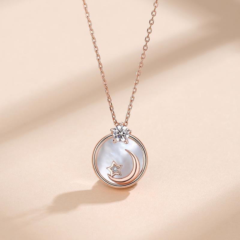 New S925 Sterling Silver Necklace Female Fritillary Shell Tide Bright Star and Moon Necklace Clavicle Chain Pendant Jewelry