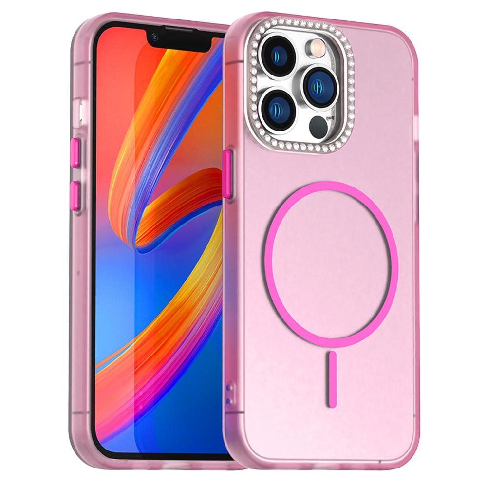 For iPhone 13 Pro Max Case Compatible with MagSafe TPU+PC+PET Phone Cover Rhinestone Decor Lens Frame