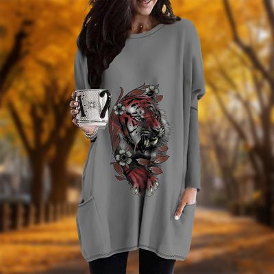 Новинка осени с принтом головы тигра плюс размер платье для женщин с круглым вырезом и длинными рукавами повседневные платья с карманами