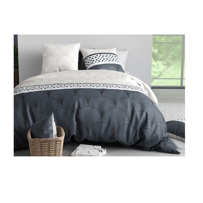 Housse couette + 2 taies 220 x 240 cm Eventails graphique arcadie