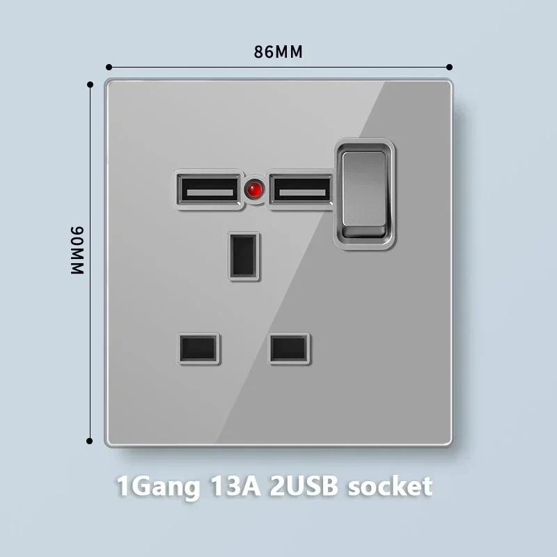 Universal Tempered Glass Dual 3 Pin Power outlet,UK 13A Wall Plug Socket with 20W Fast charge,Home Electrical 2way Light Switch