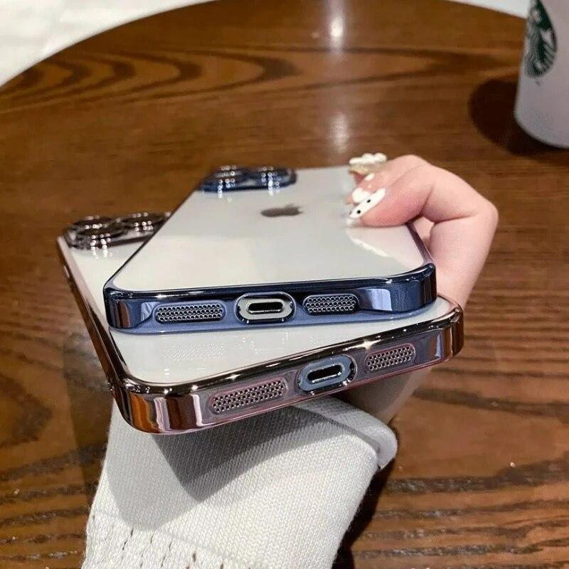 Original Square Plating Border Clear Phone Case For IPhone 11 12 13 14 15 Pro Max Plus Mini XS XR X Lens Film Protective Cover