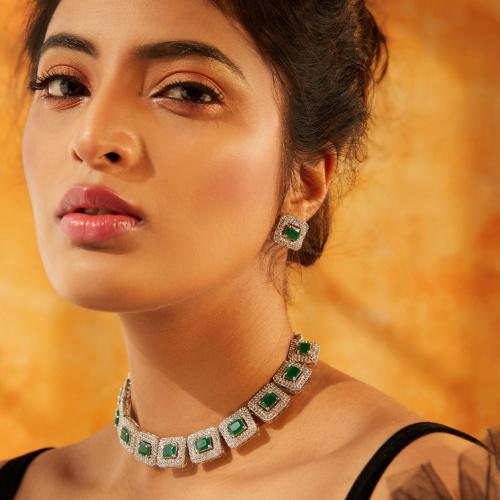 Beautiful Estele Women's Necklace Set with Rhodium Plated CZ and White and Green Crystals