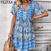 Женская мода лето-весна с цветочным узором и принтом с коротким рукавом и v-образным вырезом, свободная талия, повседневные платья