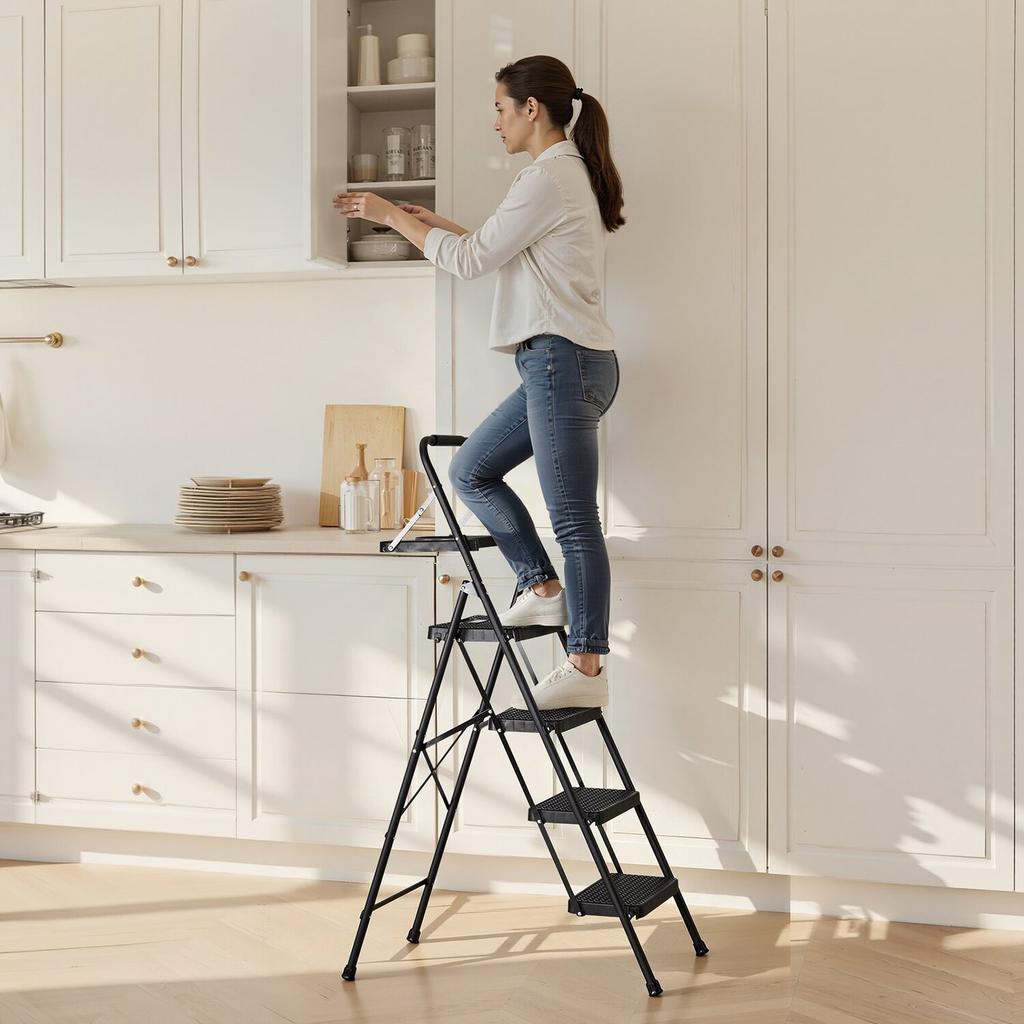 4 Step Ladder, Folding Step Stool with Wide Anti-Slip Pedal, Tool Tray, Comfort Handgrip, 272 kg Capacity Portable Steel Ladder, Multi-Use for