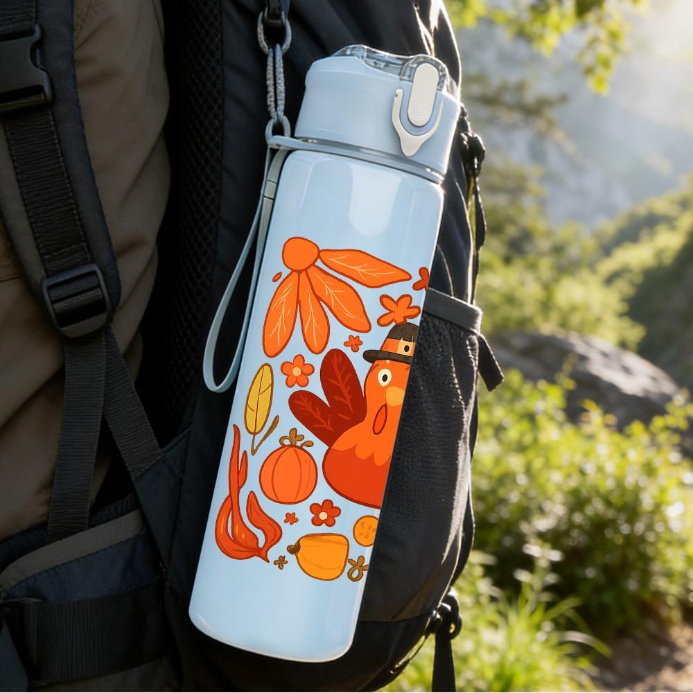 1PC Autumn Maple Turkey Art 750ml Color Plastic Sports Water Bottle Leakproof Flip Straw Lid Suitable for Sports Office Home Use