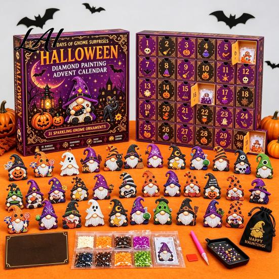 Festive Home Decor 31 Days Gnomes Halloween Rhinestone Painting Advent Calendar DIY Faux Diamond Art Educational Toy for Children Craft Kit,