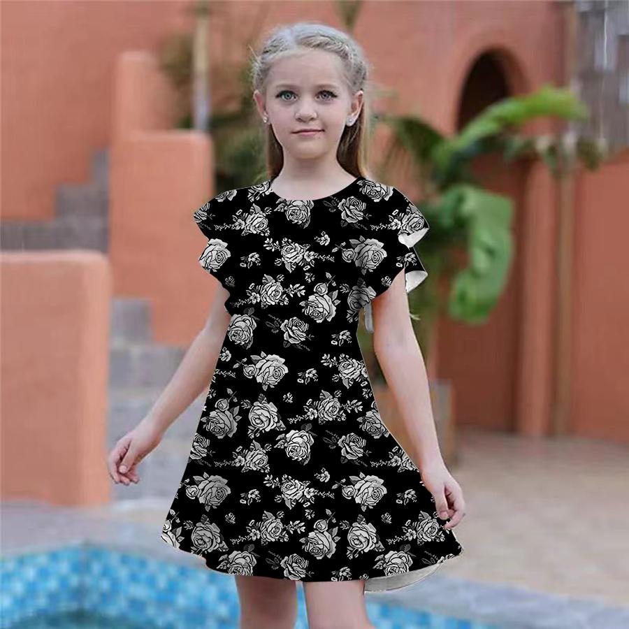 Платья с принтом желтой розы для девочек. Детское праздничное платье для девочек. Свободная облегающая юбка с короткими рукавами для девочек старше четырех лет.