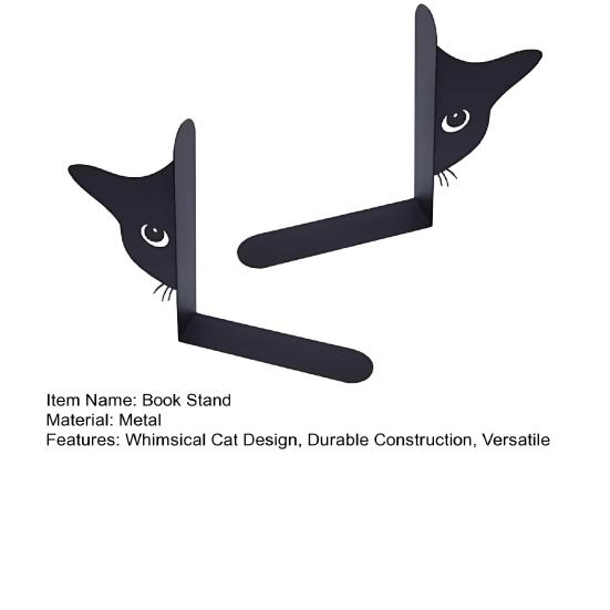 2Pcs Cat Book Stand Whimsical 3D Cat Design Sturdy Metal Construction Booklocks Powder-coated Decorative Bookends