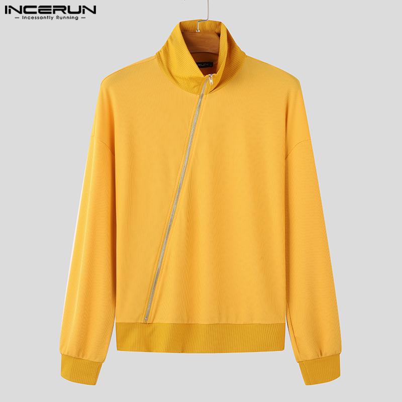 INCERUN Мужские футболки с длинным рукавом и застежкой-молнией в рубчик, повседневные водолазки