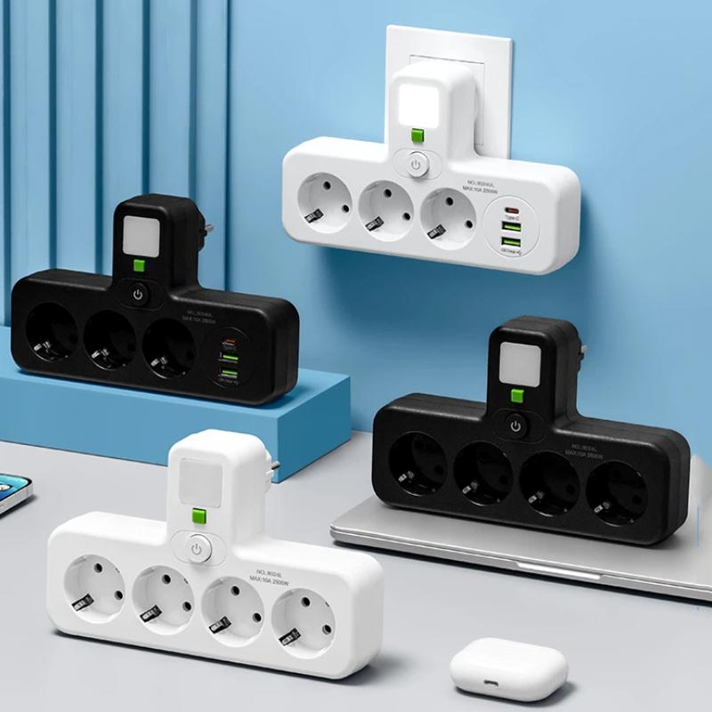 Европейская удлинительная розетка – розетки переменного тока с USB и Type-C, индивидуальные выключатели + ночник, доступна в 2 версиях