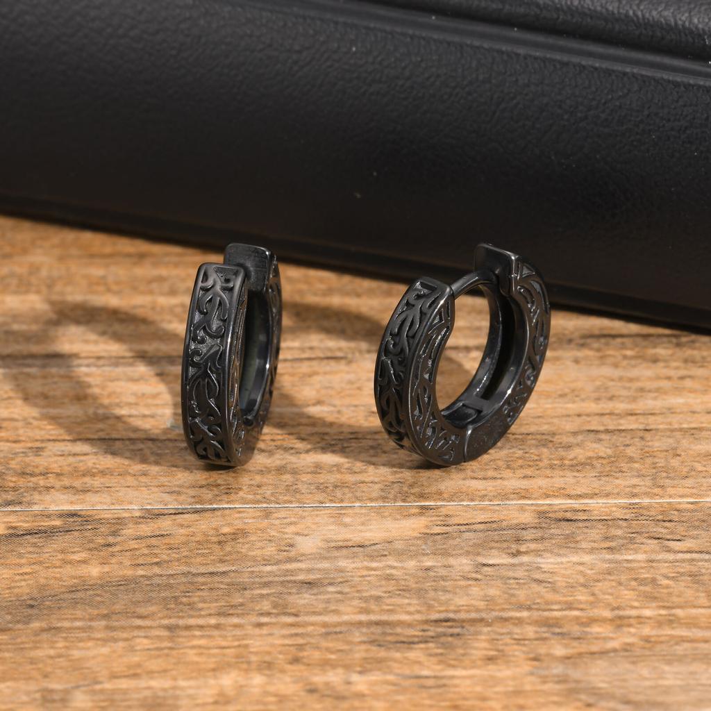 Totem Hoop Earrings for Men Teens,Black Anit Allergy Stainless Steel Huggies Earrings,Rock Punk Ear Zircon