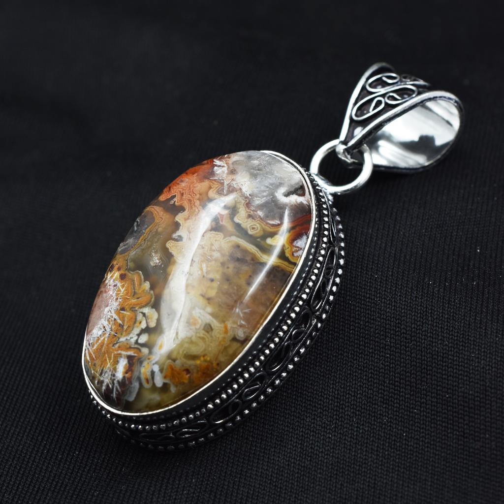 Oval Cut 78.80 Ct Lace Agate Pendant Healing Stone 925 Silver Gemstone CERTIFIED AR-1693-S