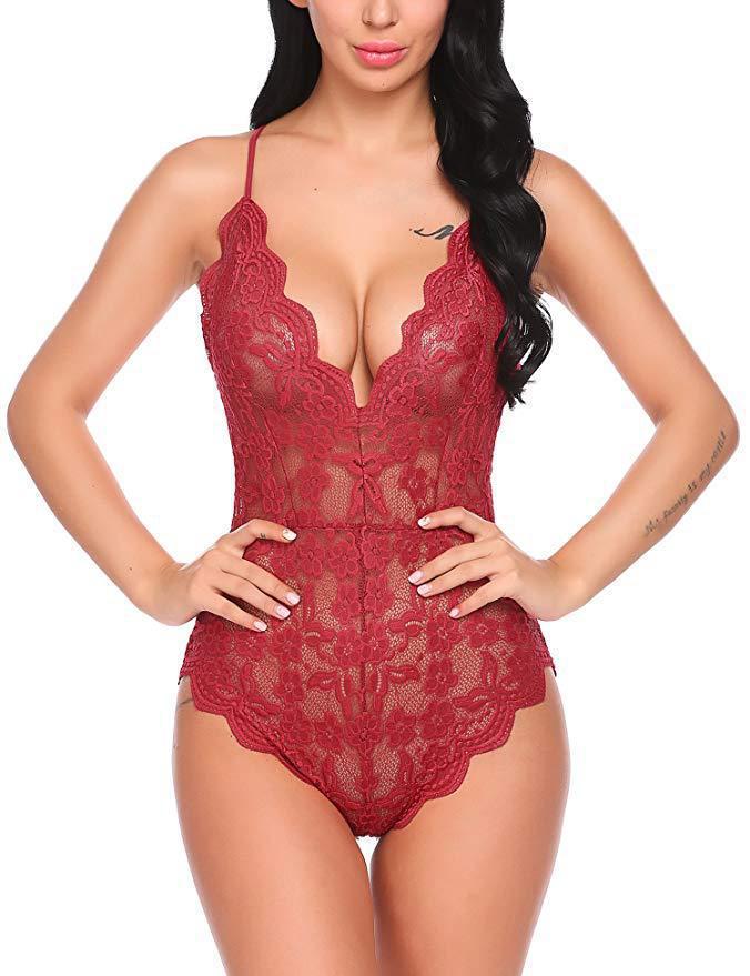 Cross-Border European & American Women's Sexy See-Through Lace Lingerie Bodysuit