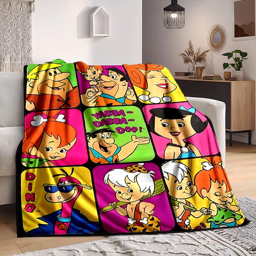 1pc Flintstones Family Flannel Throw Blanket HD Printed Lightweight Soft Warm All Season Blanket for Sofa, Bed, Travel, Camping Machine Washable