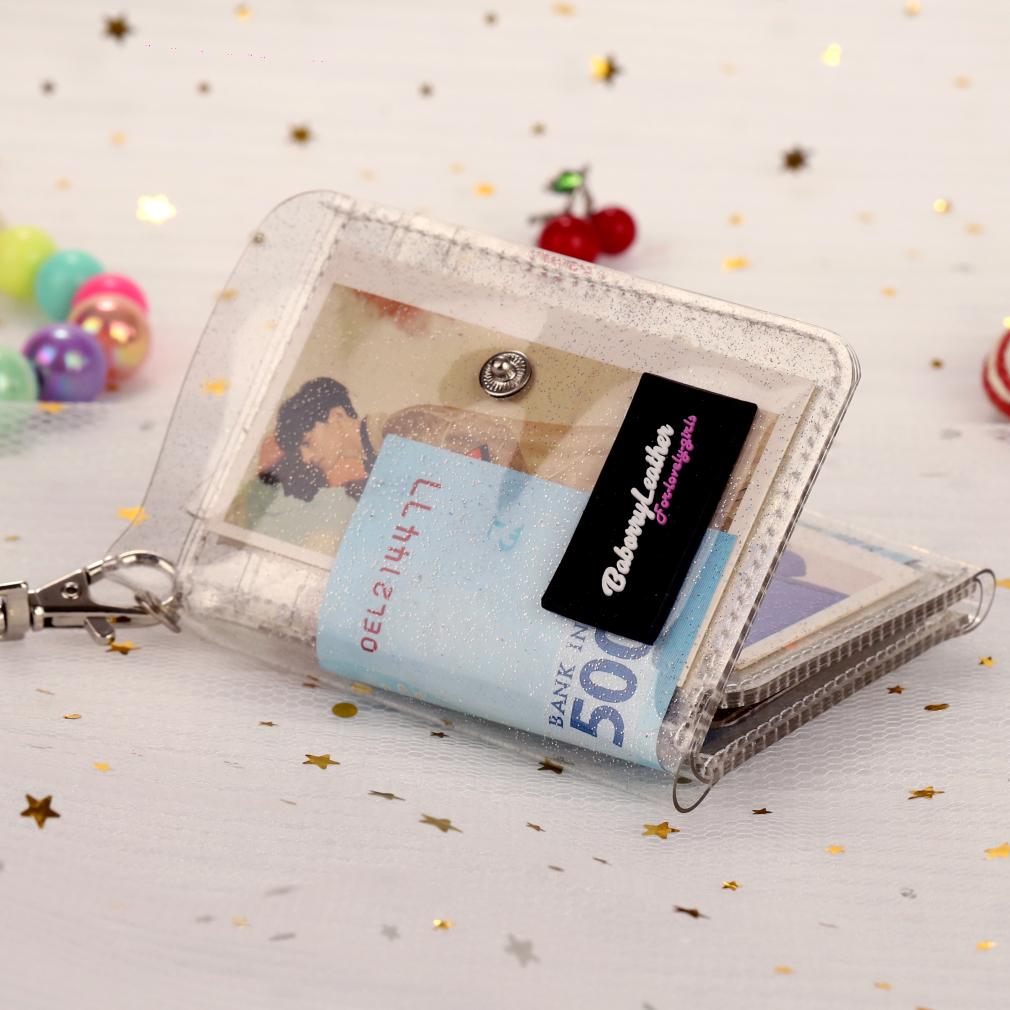 TransparentCard Holder PVC Folding Short Wallet Ins Korean Fashion Women Girl Glitter Business Cards with Lany