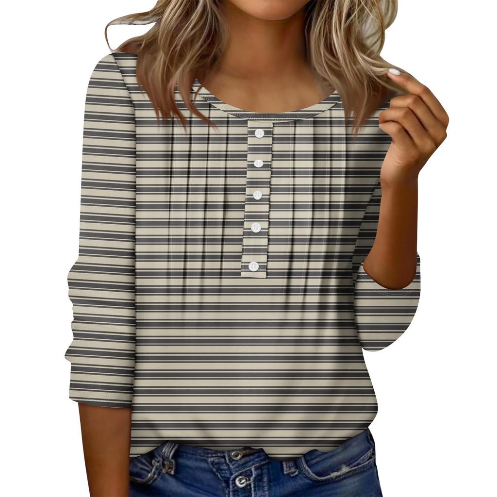 Женский топ с круглым вырезом, декоративными пуговицами и полосками, повседневная футболка однотонного цвета с рукавом 3/4