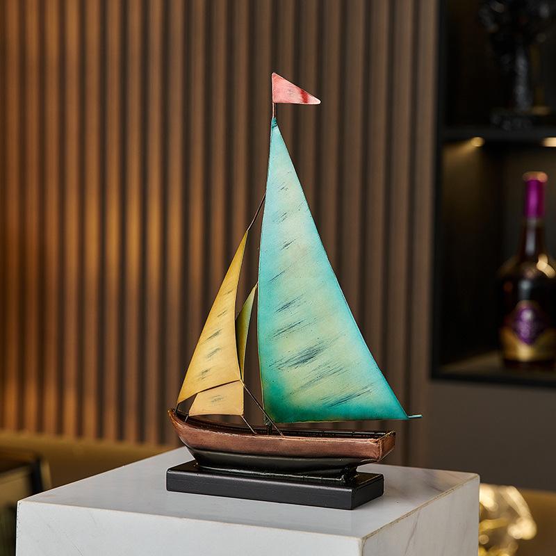 Iron Boat Statue Metal Sculpture Ship Model Sailboat Figurine for Bookshelf Cabinet