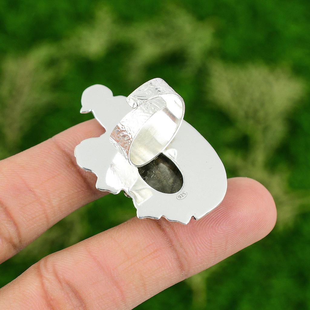 Natural Labradorite Gemstone Promise Bird Adjustable Ring 925 Silver For Women