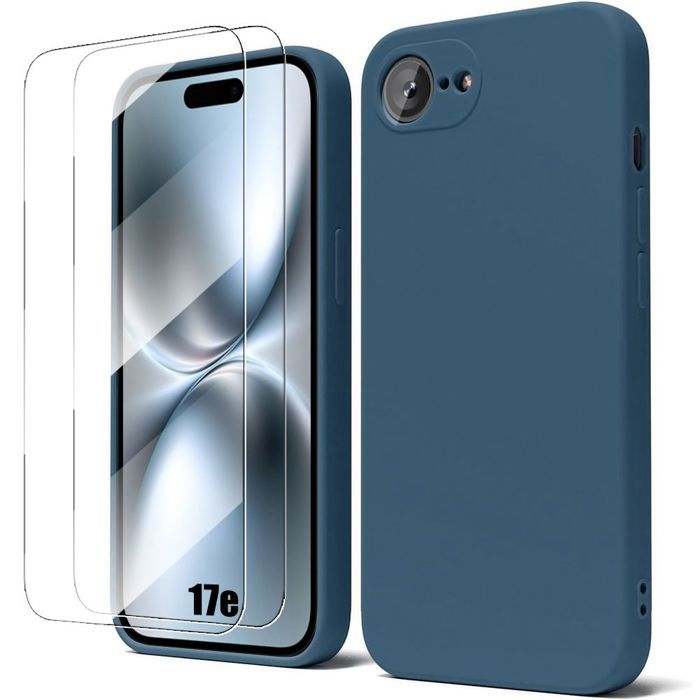 Coque pour iPhone 17e, Protection Silicone Liquide Ultra Slim Souple Bleu Marine - 2 Verres Trempés