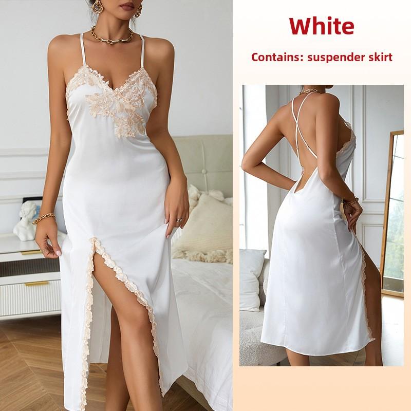 Пижама из искусственного шелка с кружевом, сексуальная, с V-образным вырезом, с длинными разрезами, на подтяжках, домашняя одежда