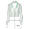 2022 Women Feather Fur Mesh Lace Up Backless Long Sleeve Cut Out Shirt Slim Sexy Party Club Streetwear Summer Y2K Crop Top