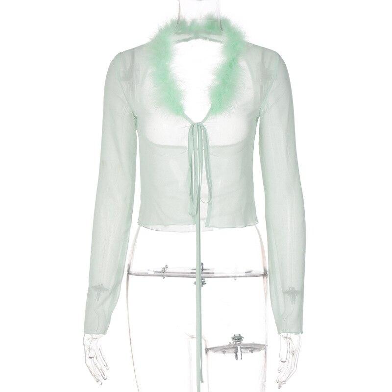 2022 Women Feather Fur Mesh Lace Up Backless Long Sleeve Cut Out Shirt Slim Sexy Party Club Streetwear Summer Y2K Crop Top