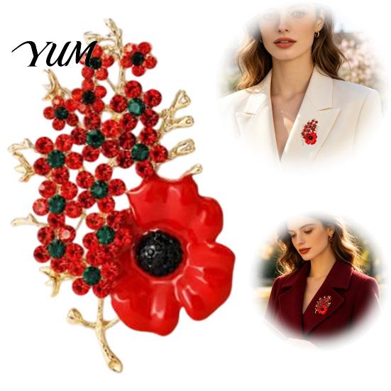 Memorial Lapel Pin Never Forgotten Victory Blossom Brooch, Red Flower Alloy Floral Brooch with Rhinestone, Badge Jewelry for Veterans Women