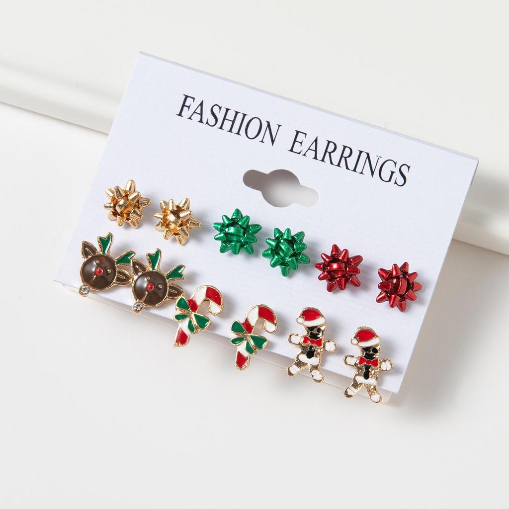 Santa Claus & Christmas Tree Drip Oil Earrings Set - 6 Pieces