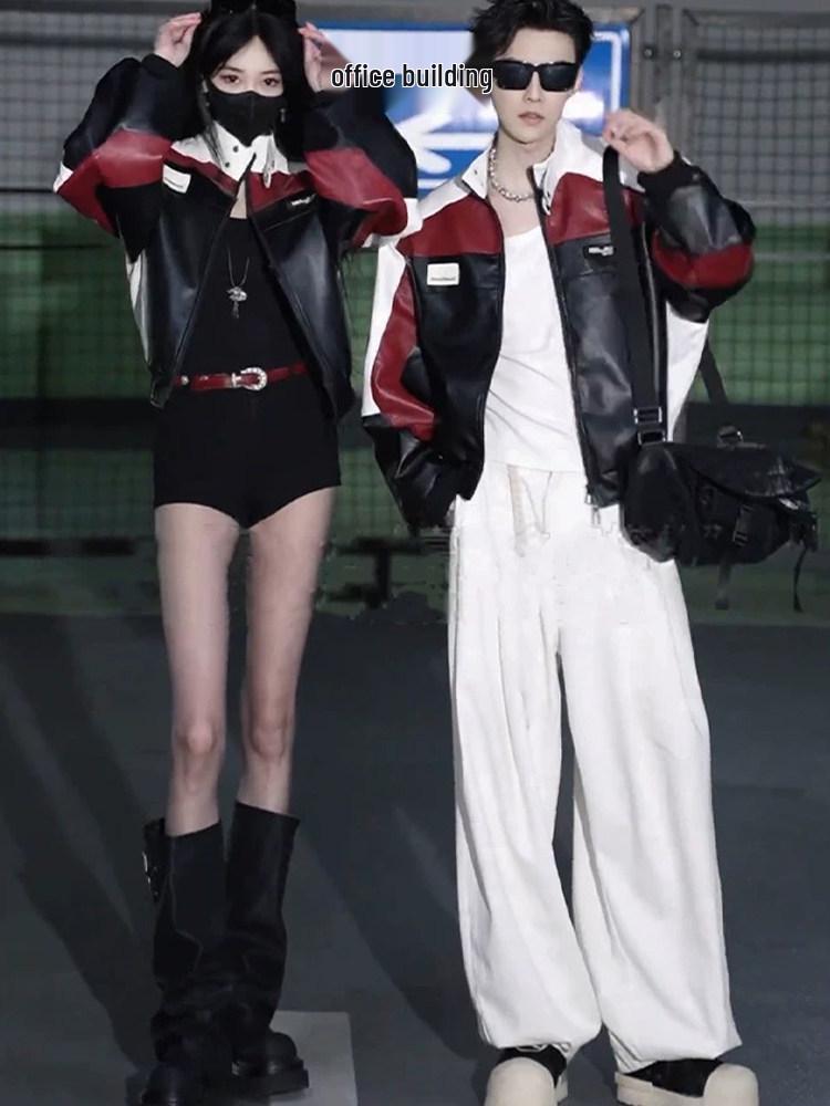 Стильная мужская красная кожаная мотоциклетная куртка в стиле пэчворк - Весна/Осень Ретро Дизайн для Пар