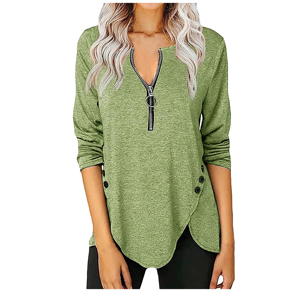 Женская повседневная осенняя футболка с длинными рукавами на молнии и пуговицах