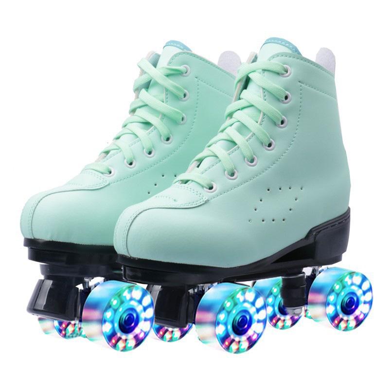 Adult Men's and Women's Double Rows of Leather Models Green Skates Four Roller Skates Pink Purple Flash Wheel Double Rows of Roller Skates