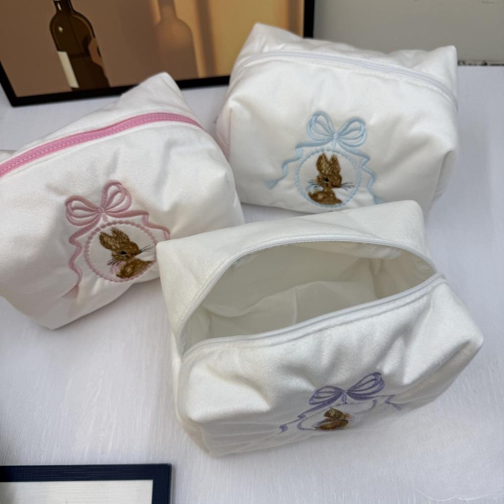 White Pink Zipper Closure Travel Toiletry Bag Women Girls Rabbit Cosmetic Bag Lace Bow Large Capacity Makeup Organizer