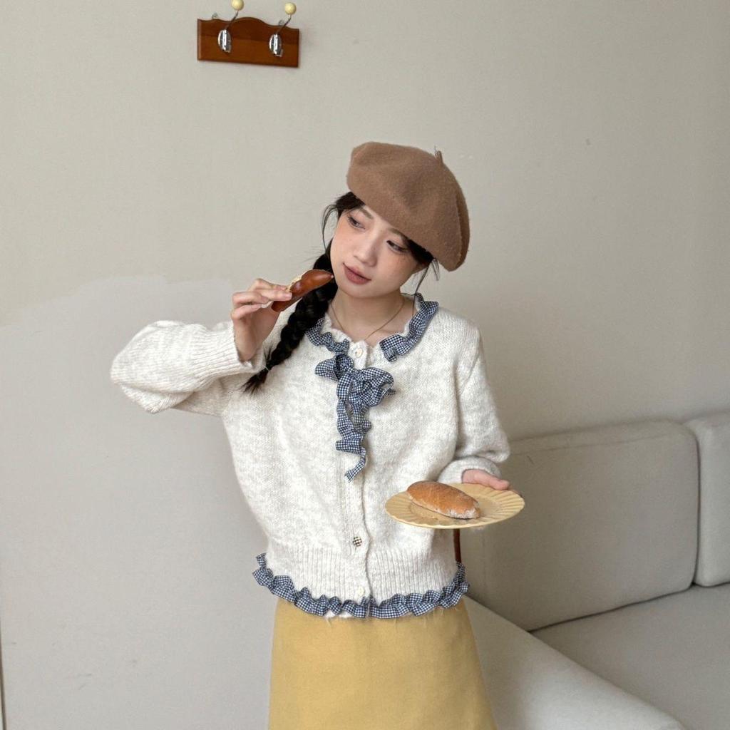 Корейский шик, кардиган из трикотажа с оборками и бантом - Женский осенний дизайн