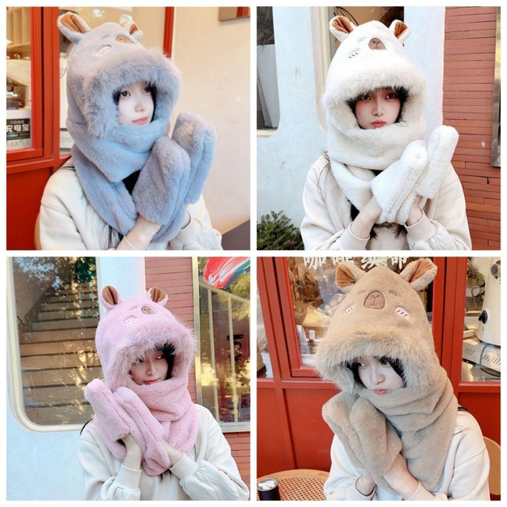 Мультяшный плюшевый шарф с капюшоном из искусственного кроличьего меха, большая шапка-пуловер, сохраняет тепло