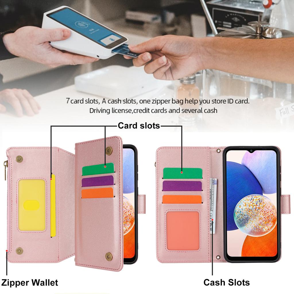 Multi Card Zippered Wallet with Short Hand Rope and Long Hanging Rope Phone Cover Case for iPhone Series/Samsung Series