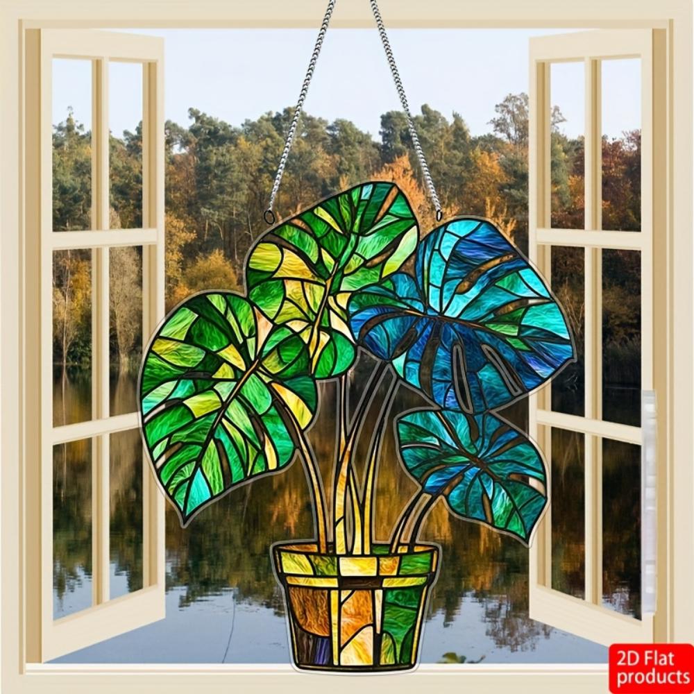2D Planar Flowerpot Acrylic Light Catcher Pendant, Holiday Wreath Logo Window Decoration Door Wall Decoration Birthday Home and Room Decoration