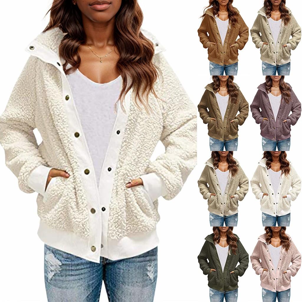 Женская повседневная куртка с длинным рукавом и карманом на пуговицах из однотонного плюша