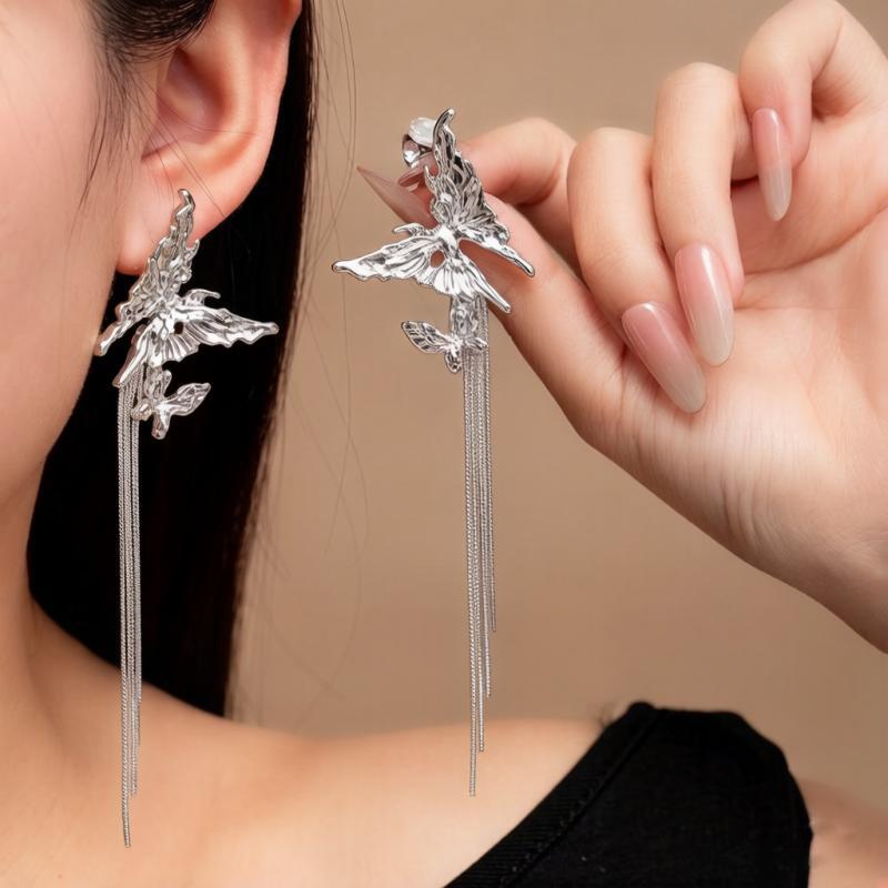 New Metal Tassel Drop Earrings for Women Double Butterfly Long Dangle Earrings Fashion Temperament Party Birthday Jewelry Gifts
