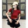 Women's Slim Fit Short-Sleeve Red T-Shirt - Summer Solid Color Off-Shoulder Top