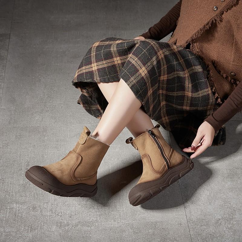 Johnature Ботинки из натуральной кожи и шерсти, теплые, с круглым носком, на толстой подошве, с боковой молнией, женские короткие ботинки в стиле ретро