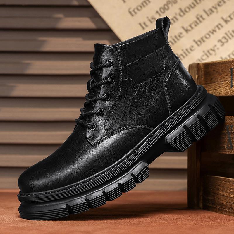FashionGenuine Leather High Top Ankle Boots New Trend Mens Walking Shoes Non-Slip Lace-Up Motorcycle Boots Wear-Resistant Hiking Botas