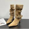 Belt Buckle Stiletto Heel Stack Boots French Vintage Pointed Toe Sleeve Stiletto Heel Pleated Anti-Slip Wear-Resistant Single