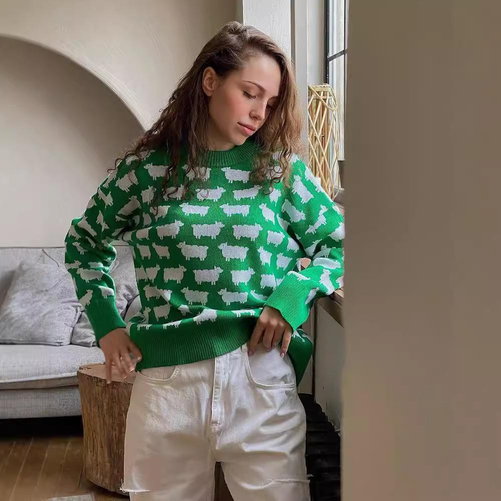 Fall and Winter Women's Round Neck Pullover Alpaca Jacquard Sweater New Loose Casual Knit Sweater Tops