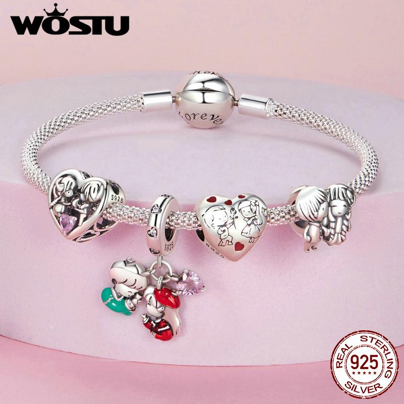 WOSTU 925 Sterling Silver Lovely Little Boy & Girl Charm Beads For Women Fit Original Charms DIY Necklae Birthday Jewelry Gift