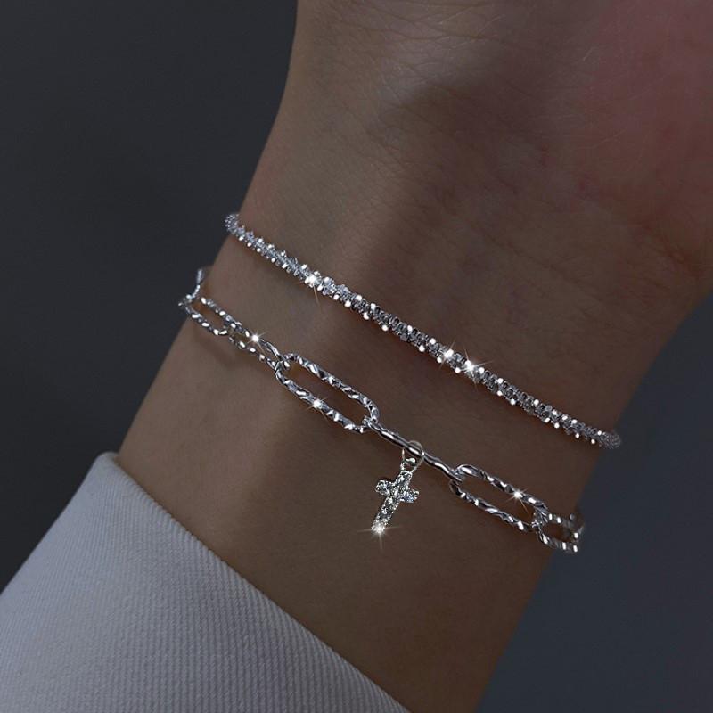 Sterling  Double Layer Cross Bracelet for Women, Exquisite Simple Bracelet, Fine Jewelry Accessories, New Fashion
