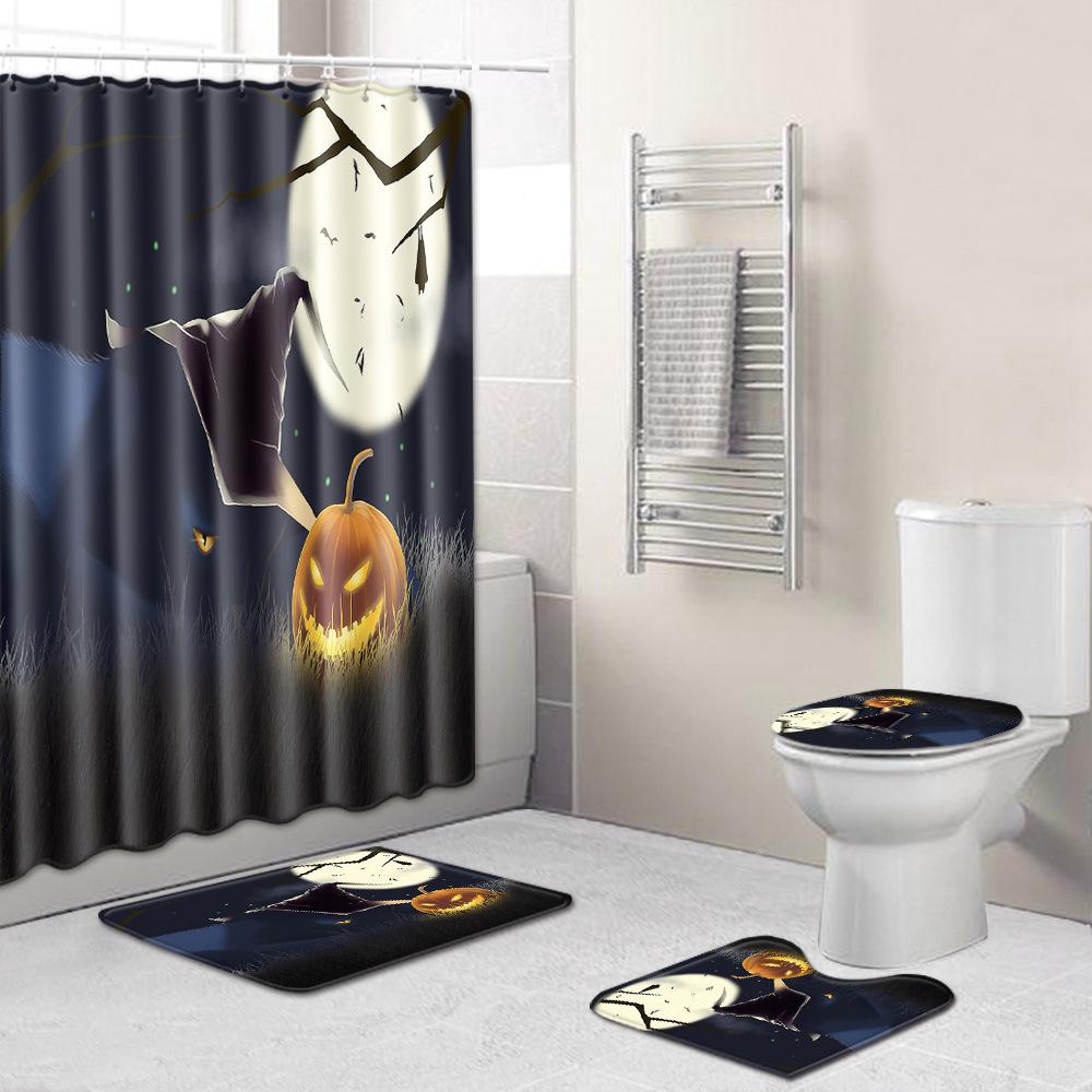 Halloween Shower Curtain Floor Mat Combination Four-Piece Set Bathroom Toilet Carpet Door Mat