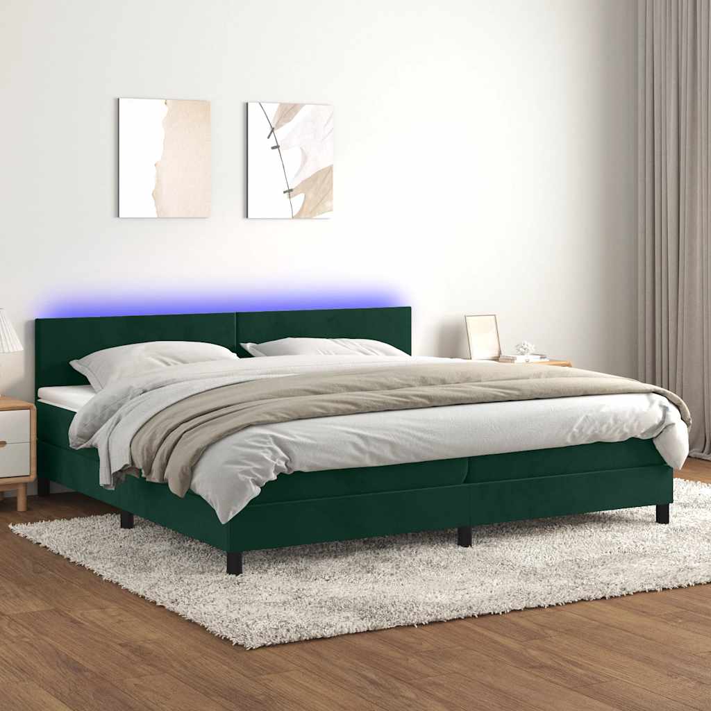 Box Spring Bed with Mattress & LED Dark Green 200x200 cm Velvet