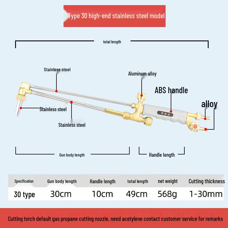 All-Copper Stainless Steel Extended & Thickened Oxygen Acetylene Cutting/Welding Torch Injector, Model G01-30/100/300.